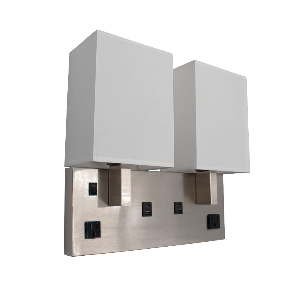2 Light Hotel Wall Lamp w/ 2 USB-A/USB-C and 2 Outlets